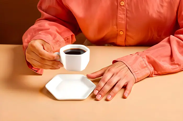 Photo d'un buste de personne portant une chemise corail avec sa main posée sur la table, qui tient une tasse à café dans son autre main au dessus de sa soucoupe, toutes les deux de formes hexagonales