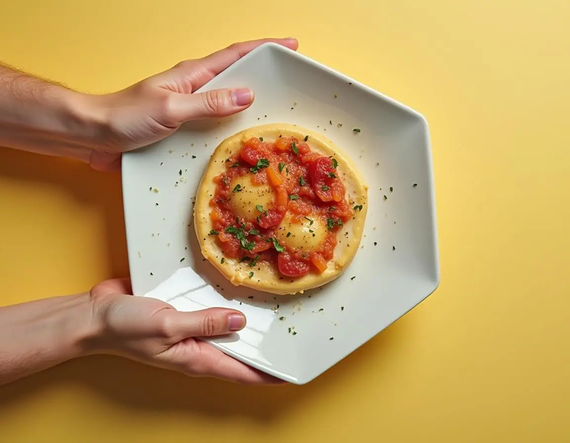 Des mains qui tiennent une assiette hexagonale contenant une mini pizza, sur fond jaune