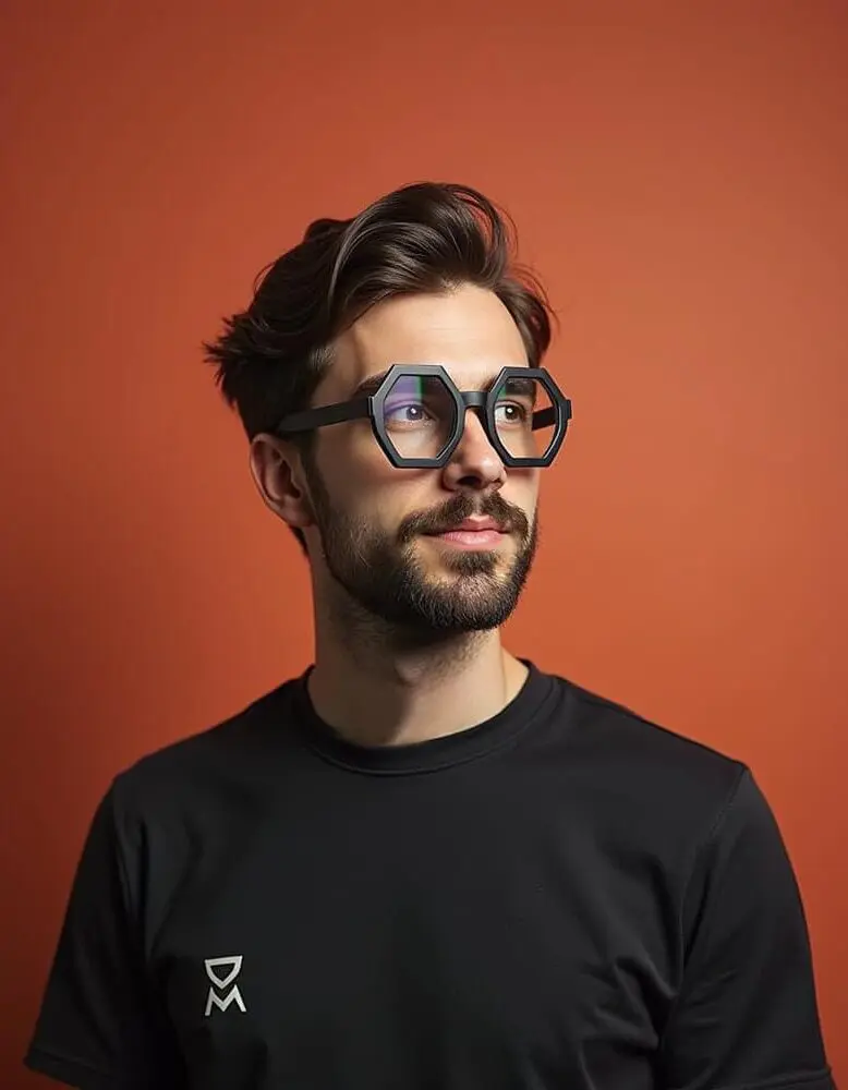 Portrait d'un homme regardant au loin sur le côté, sur fond couleur rouille, portant un t-shirt noir et des lunettes hexagonales