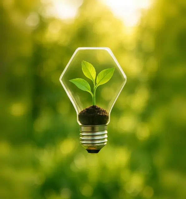 Ampoule hexagonale avec une pousse de plante à l'intérieur sur fond vert lumineux