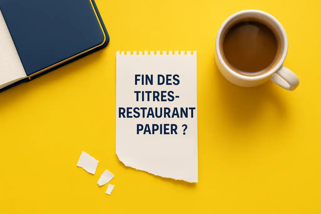 Photo prise du dessus avec un fond jaune vif un carnet ouvert sur le coin supérieur gauche, une tasse de café et un papier "arraché" d'un carnet qui affiche la phrase "fin des titres-restaurant papier ?"