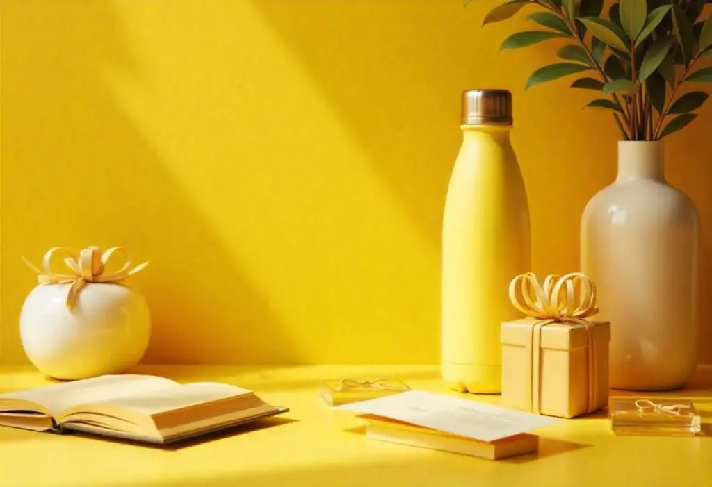 Photo monochromatique d'objets de bureau dont une gourde, une plante et une boîte cadeau, posés sur une table