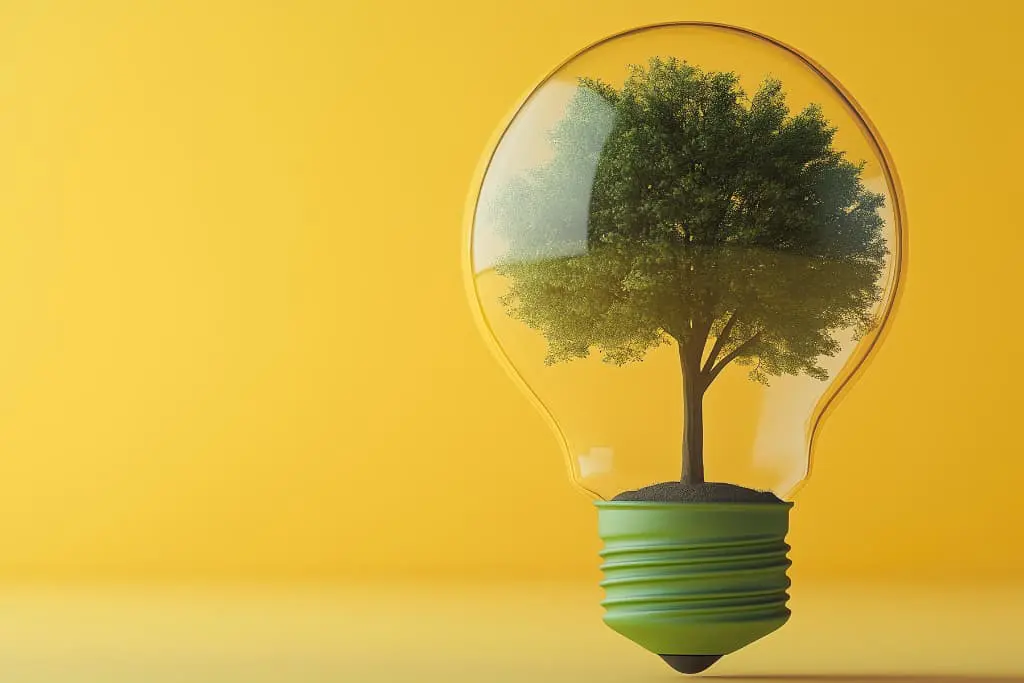 Sur fond jaune, une ampoule contenant un arbre