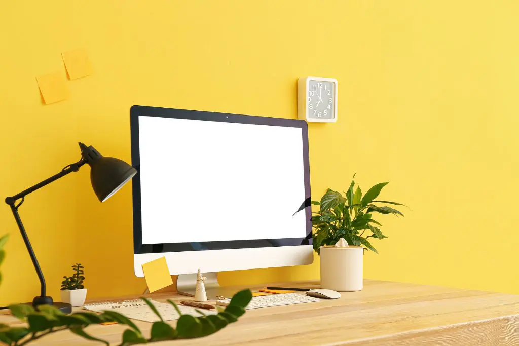 Sur fond jaune, une photo d'un bureau avec un moniteur au fond blanc, une lampe, divers objects de bureau posés et des plantes