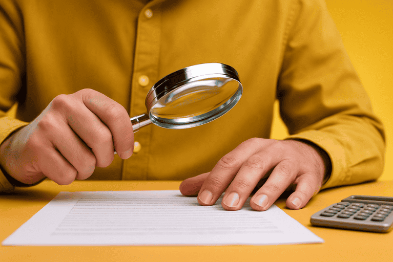 Photo d'un homme assis à une table jaune, en chemise jaune sur fond jaune qui tient une loupe au dessus d'un document, avec une calculatrice posée à côté