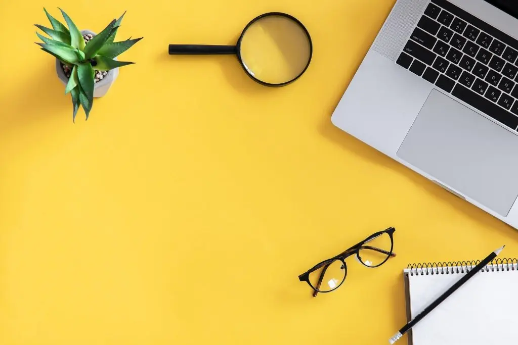 Sur fond jaune vue du dessus d'un ordinateur portable, une plante, une loupe, un carnet et des lunettes de vue.