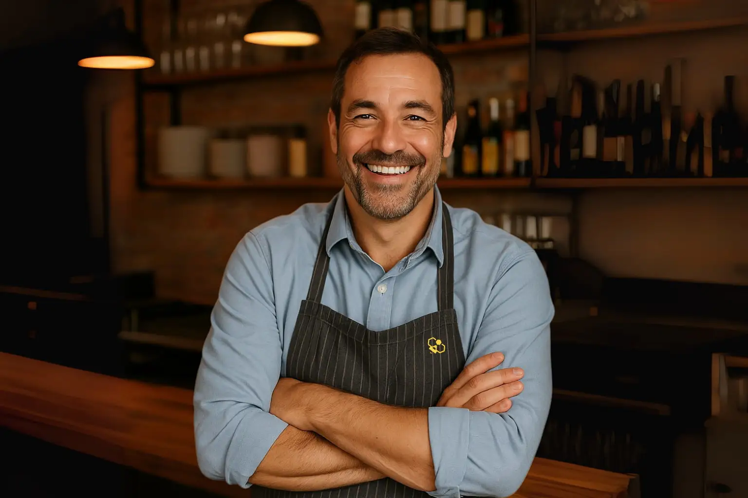 Commerçant souriant qui se tient les bras croisés devant le comptoir de son restaurant et qui porte un tablier avec le logo Olenbee.