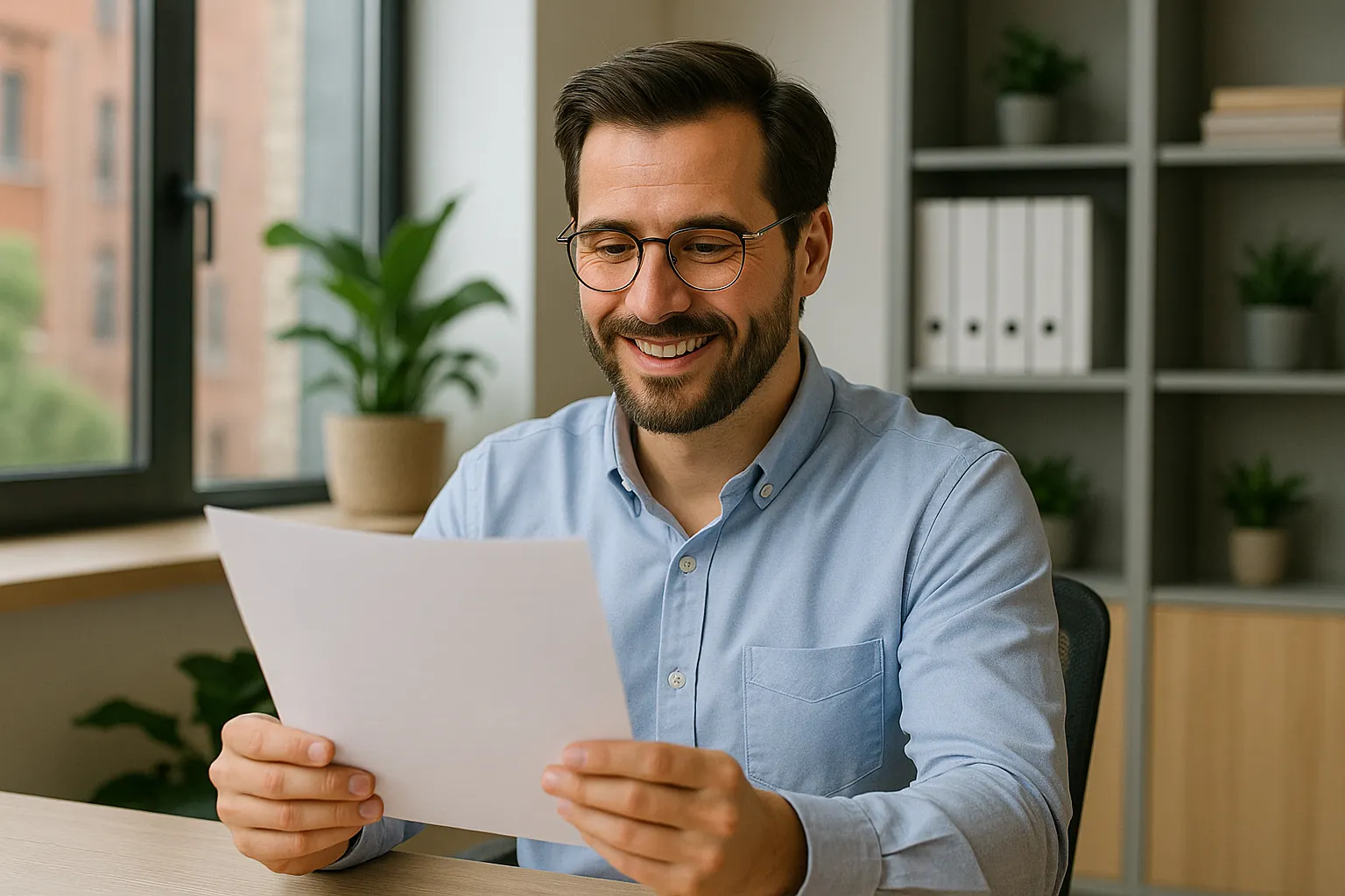 Dans un environnement de bureau, un salarié souriant tient devant lui une feuille qu'il lit