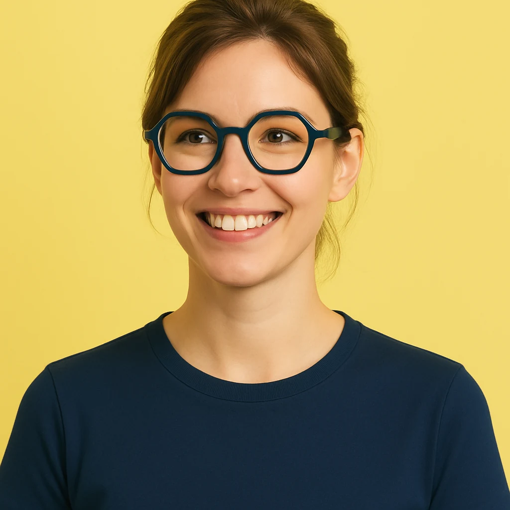 Sur fond jaune, un portrait d'une femme souriante portant un t-shirt bleu marine et des lunettes hexagonales assorties.