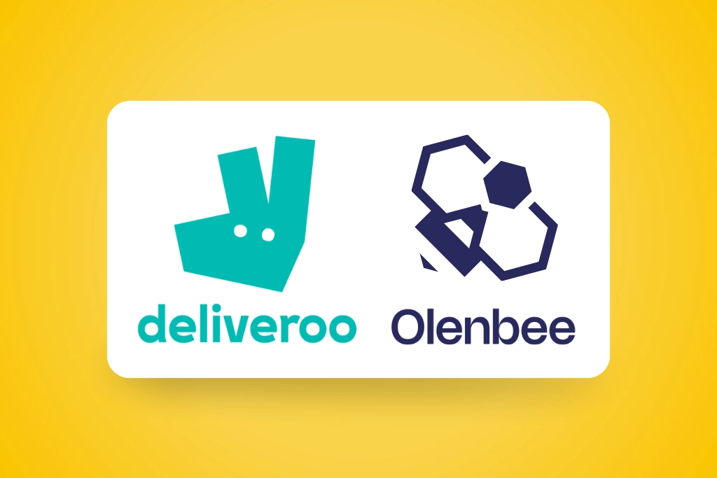Sur fond jaune, un encadré blanc avec les logos de Deliveroo et d'Olenbee.