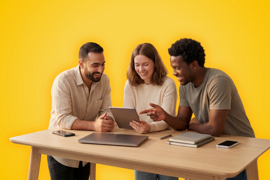 Sur fond jaune, une photographie candide d'une équipe souriante qui regardent une tablette, accoudés sur un bureau