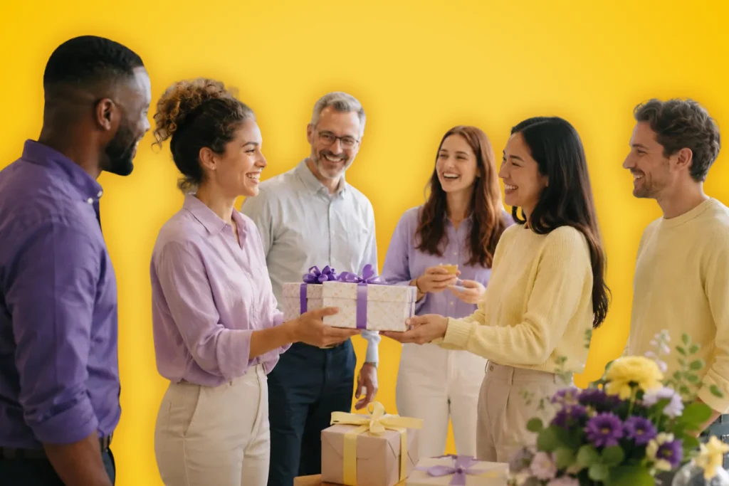 Sur fond jaune, une équipe de travail s'échange des cadeaux dans un environnement festif